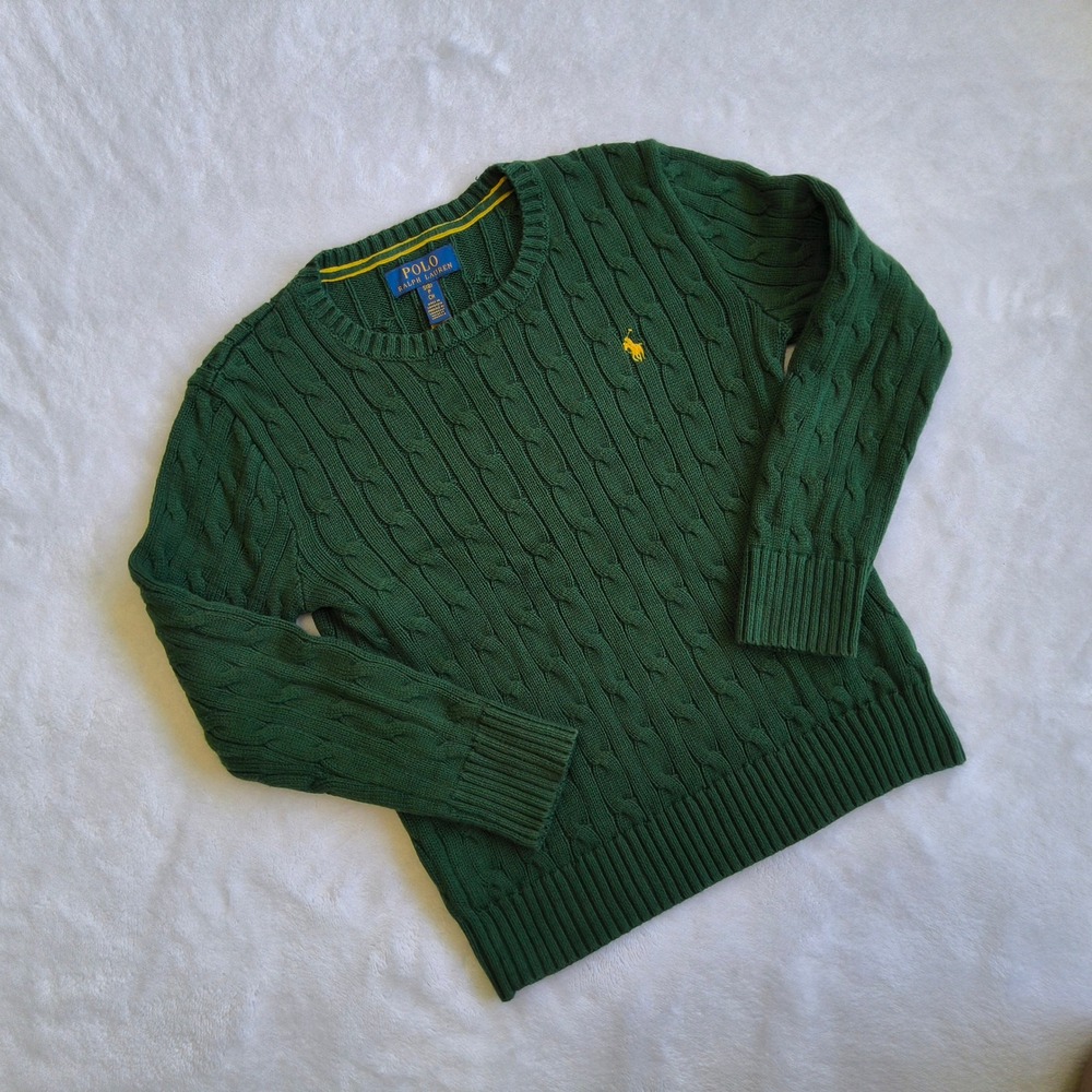 Polo Ralph Lauren Cable Knit Sweater Youth Small 8 Green Cotton Fisherman Chunky